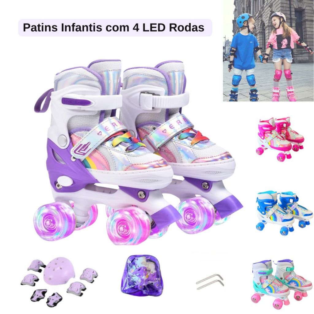 ‌Patins Infantis com 4 Rodas Brilhantes‌ ajustáveis com velcro, seguros e chamativos Presentes
