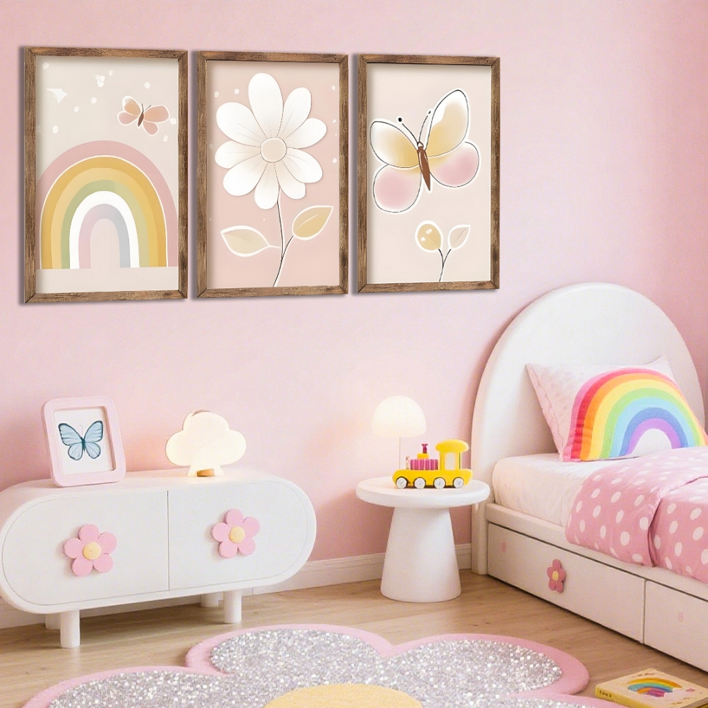 Kit 3 Quadros Decorativos De Quadros De Flores  Borboletas E Arco   íris Quarto Para Crianças em Oferta na Shopee