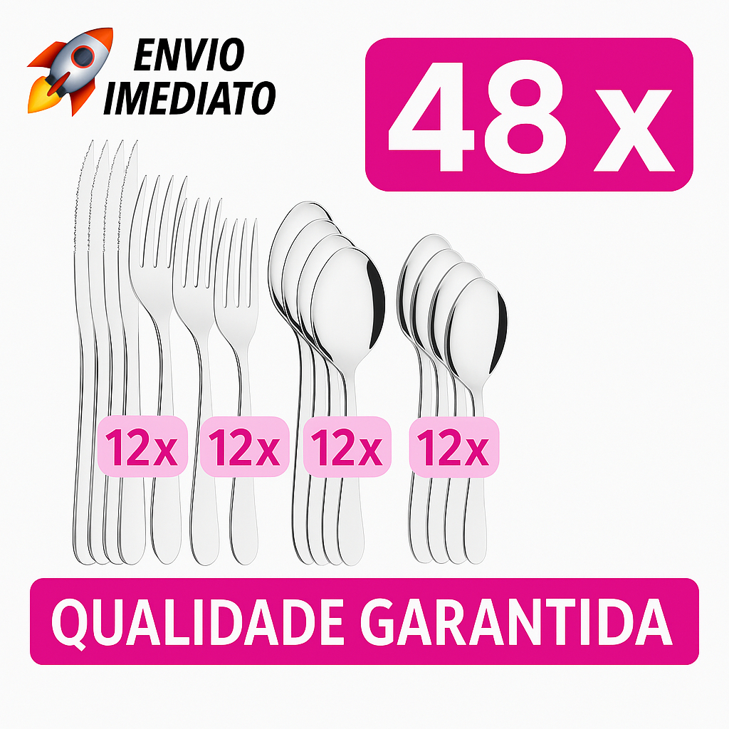 Jogo de Talheres 48 Peças Faqueiro Aço Inox 12 Faca 12 Garfo 12 Colheres e 12 Colheres de Sobremesa em Oferta na Shopee