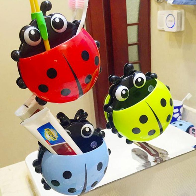 Kit Porta Escova Infantil Joaninha com Ventosa – Suporte Organizador de Escova para Banheiro