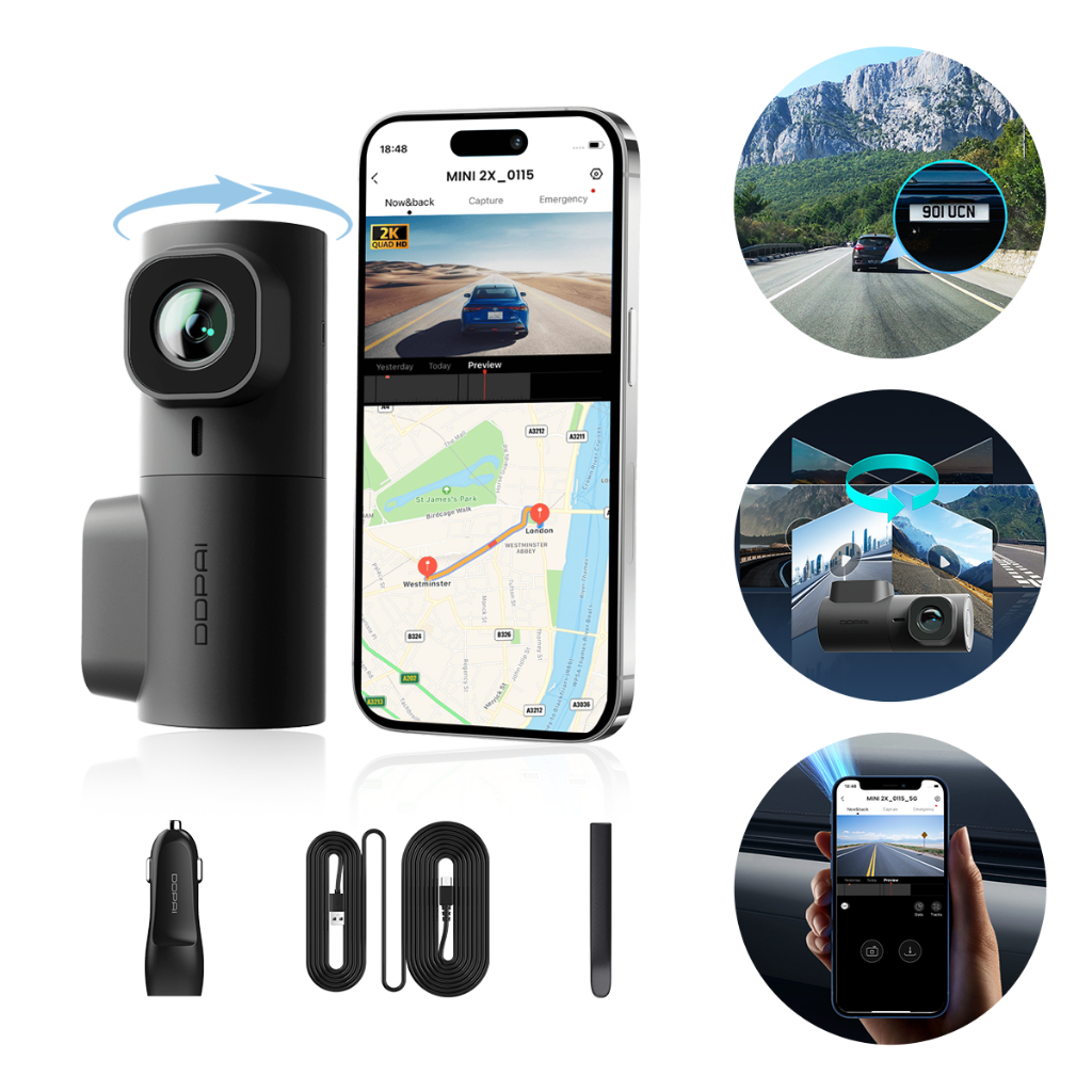 Câmera Veicular DDPAI Mini 2X 2K QHD AI-ISP 2.0  Visão Noturna  APP ADAS Lente Rotativa 360°