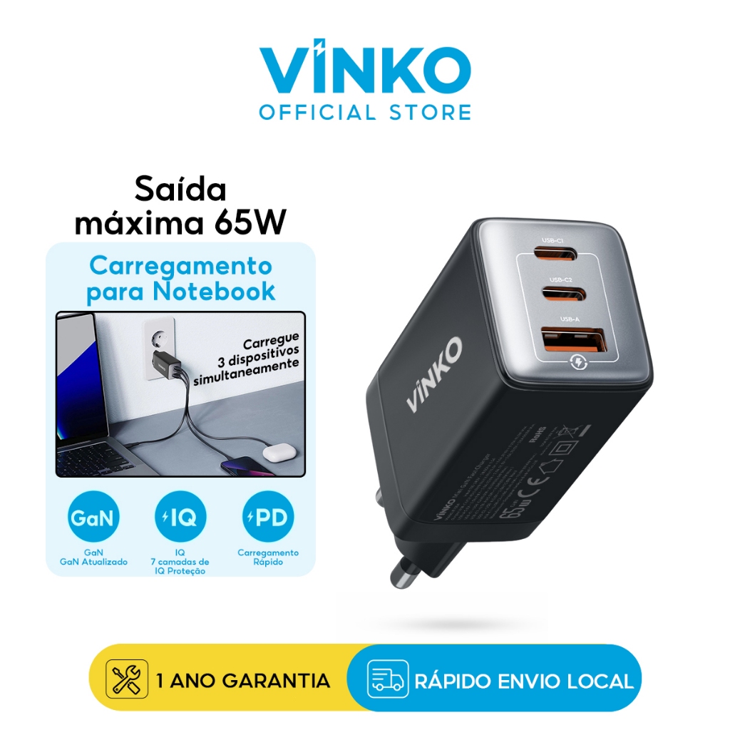 Vinko Carregador Parede 65W Turbo 3 Portas de 2 Tipo-C+Usb Carregador Celular Universal QC/PD 3.0