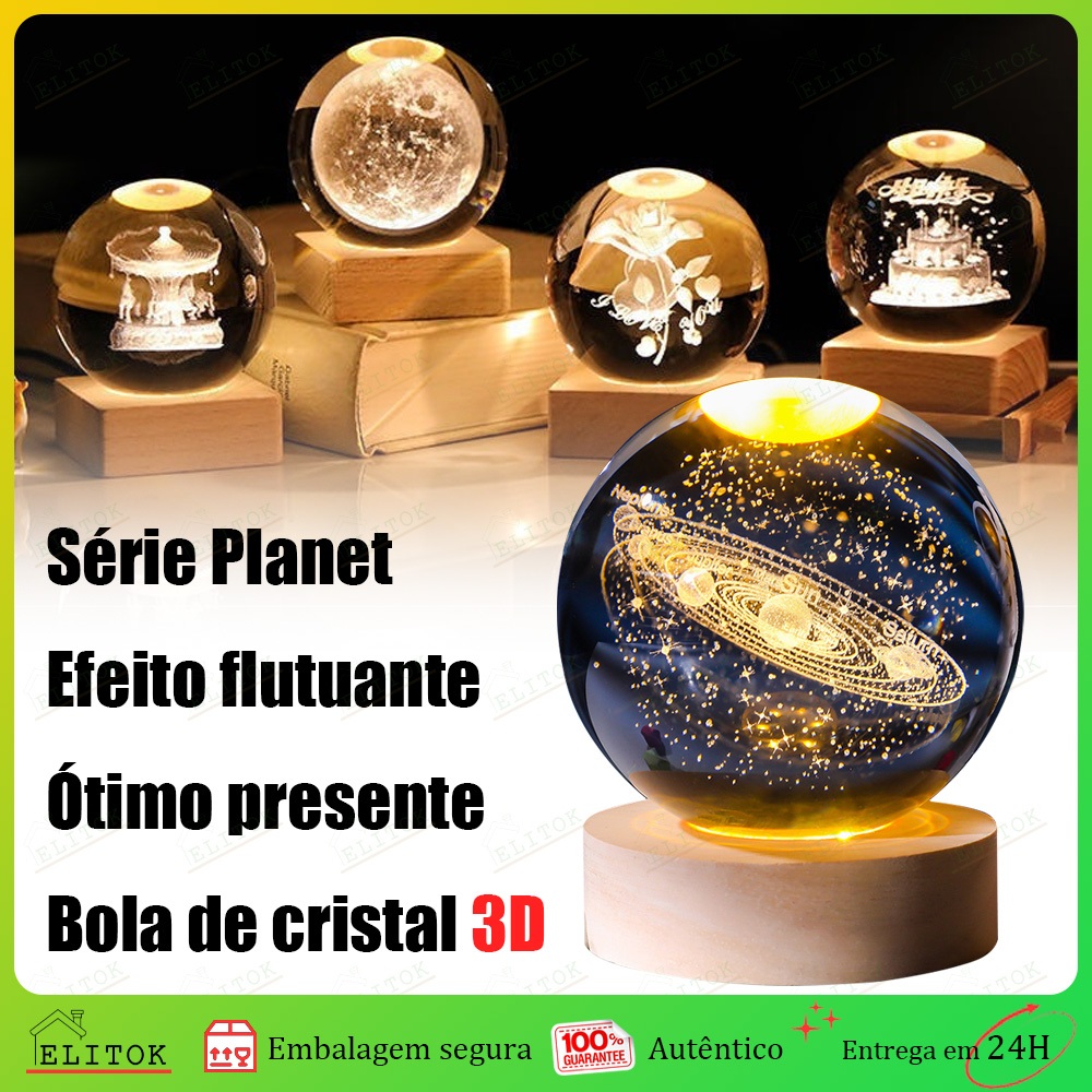 Luminaria de Mesa LED Cristal Bola com Base de Madeira 3D Lua Via Lactea Sistema Solar Decoração Casa USB em Oferta na Shopee