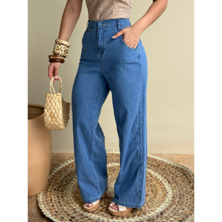 PANTALONA CALÇA FEMININA WIDE LEG JEANS CLARA CINTURA ALTA COM ELÁSTICO NA CINTURA em Oferta na Shopee