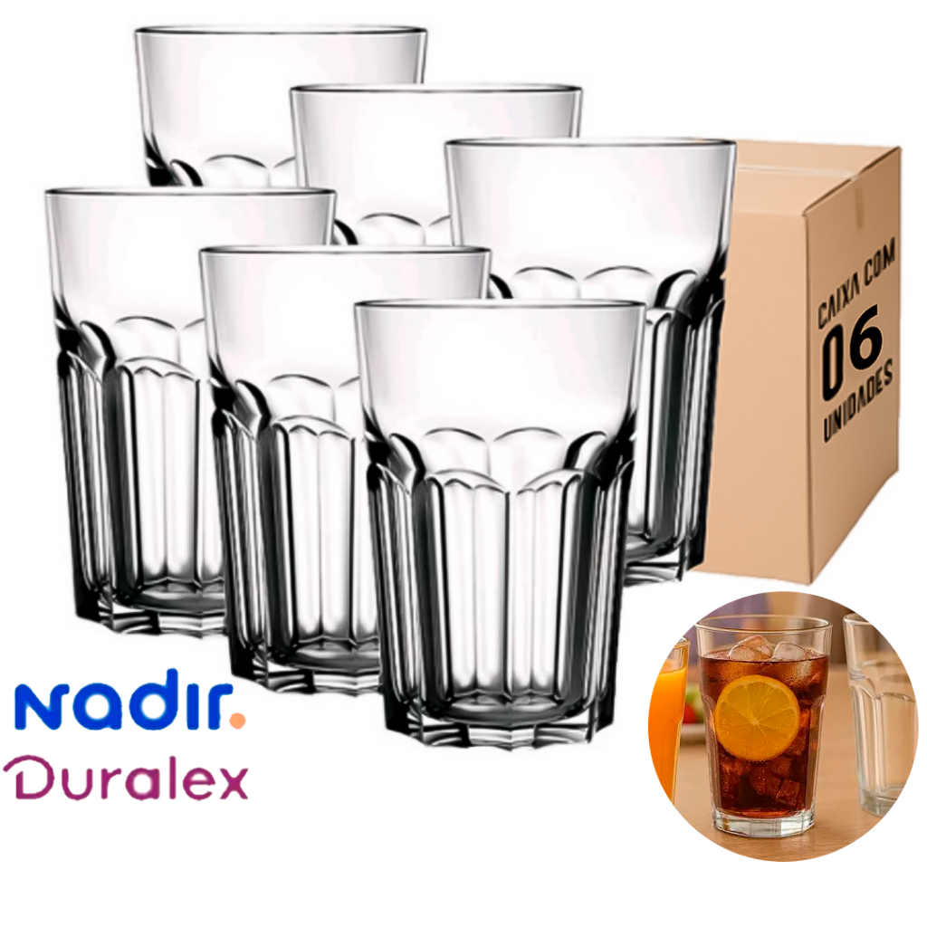 jogo de 06 Copo de Vidro Bristol resistente 410ML transparente Vitaminas Multiuso tipos de Drinks