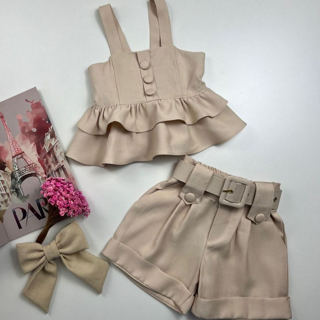 Conjunto Infantil Blusa Babado Shortinho Com Cinto Mini Diva Look Blogueirinha Verão