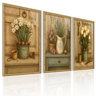 Kit 3 Quadros Decorativos Flores Rústico Vintage Vasos Cozinha Sala Quarto Parede Moderna em Oferta na Shopee