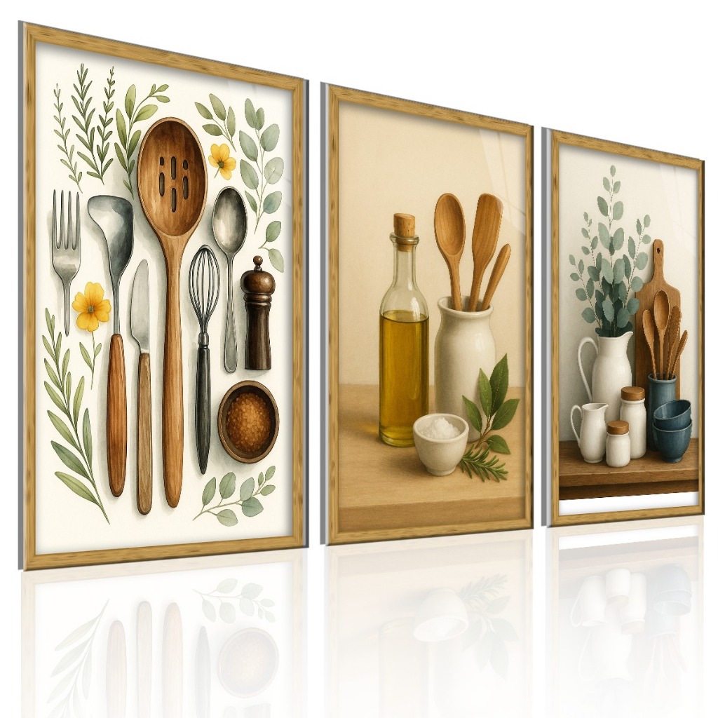 Kit 3 Quadros Decorativos Utensílios Cozinha Gourmet Moderno Sala Jantar Parede Exclusivo