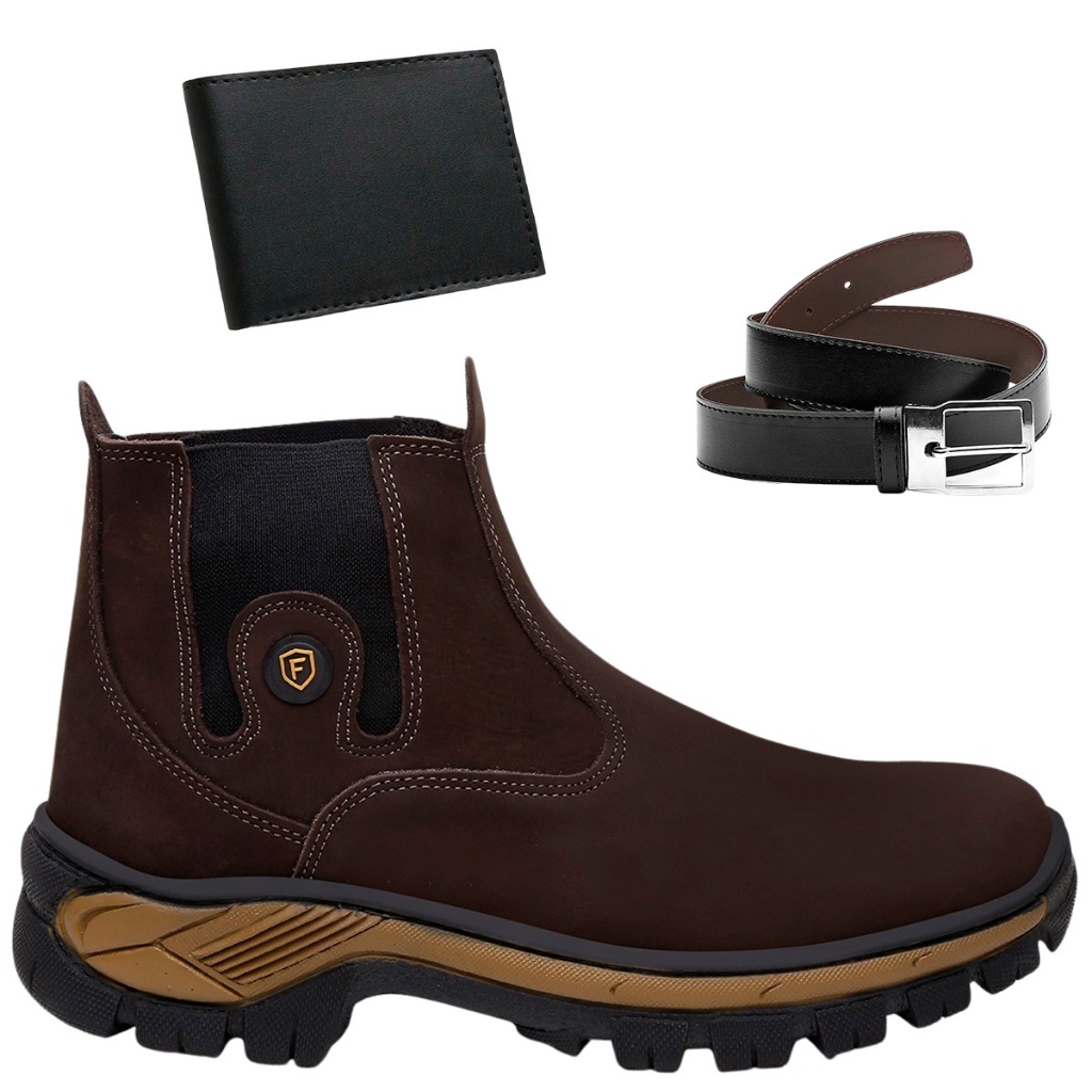 Kit Botina Workboot Masculina Coturno Couro Legítimo Reforçado Passeio Trabalho Carteira e Cinto