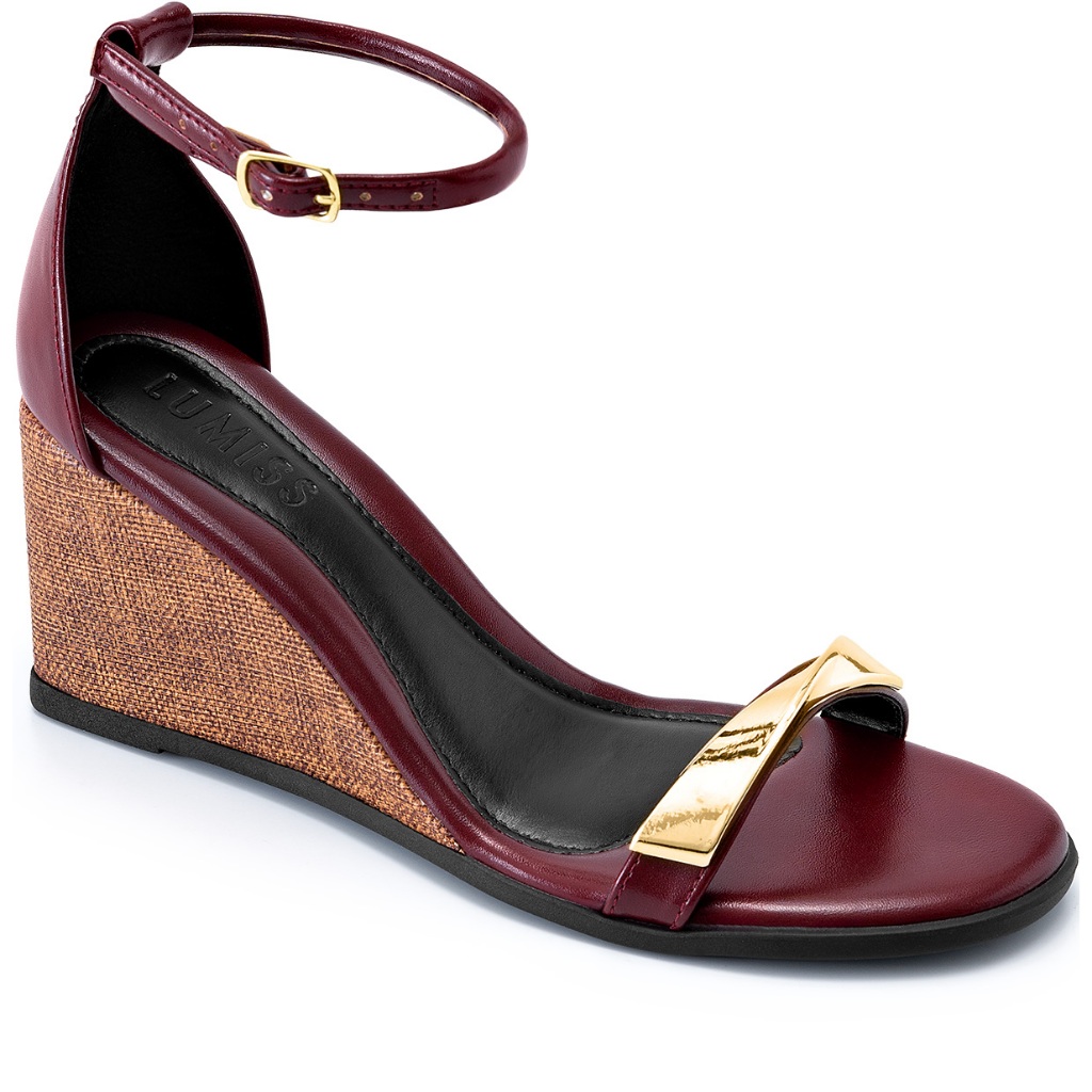 Sandália Feminina Anabela Lumiss Bico Redondo Juta Fivela Enfeite Metalizado Marsala