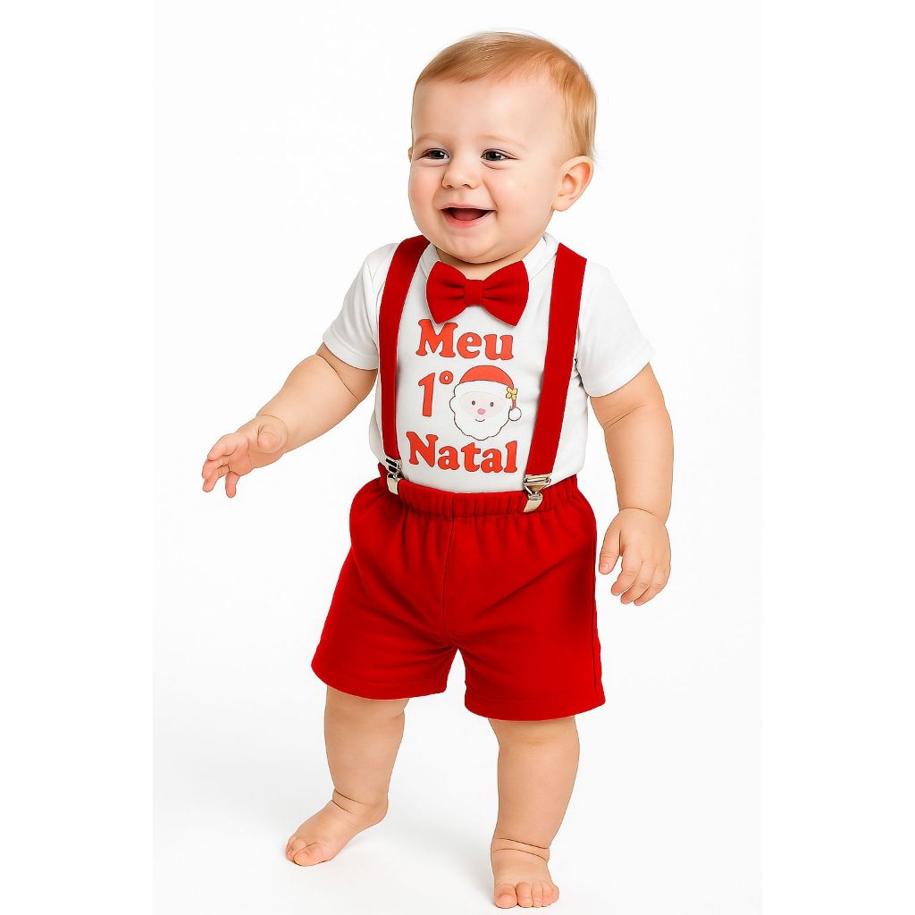 Roupa De Bebê Menino Conjunto 3pçs Meu Primeiro Natal Papai Noel Mesvesário Fantasia Natalina Body, Shorts e Suspensório