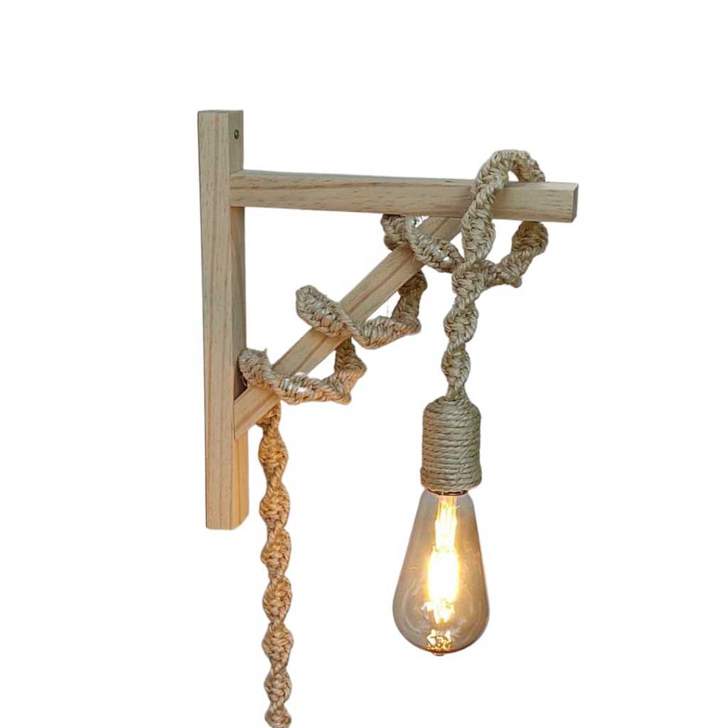 Arandela luminária parede cabeceira quarto rustica artesanal suporte madeira macrame sisal 1m Decoração