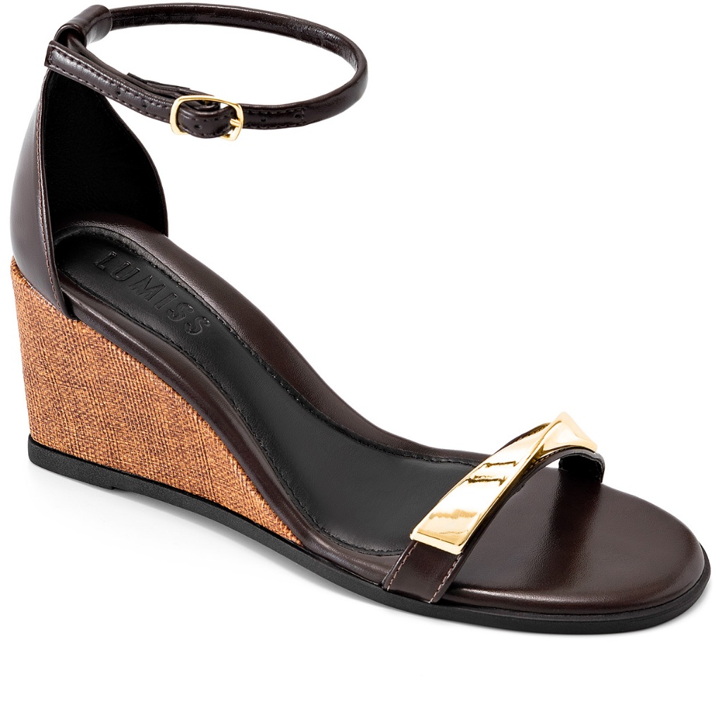 Sandália Feminina Anabela Lumiss Bico Redondo Juta Fivela Enfeite Metalizado Marrom em Oferta na Shopee