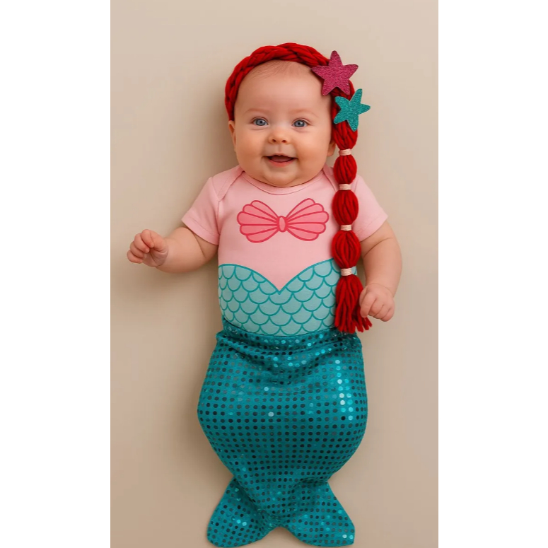 Body Mesversario Bebê Menina Luxo Divertida Princesa Ariel Fantasia Sereia Com Cauda