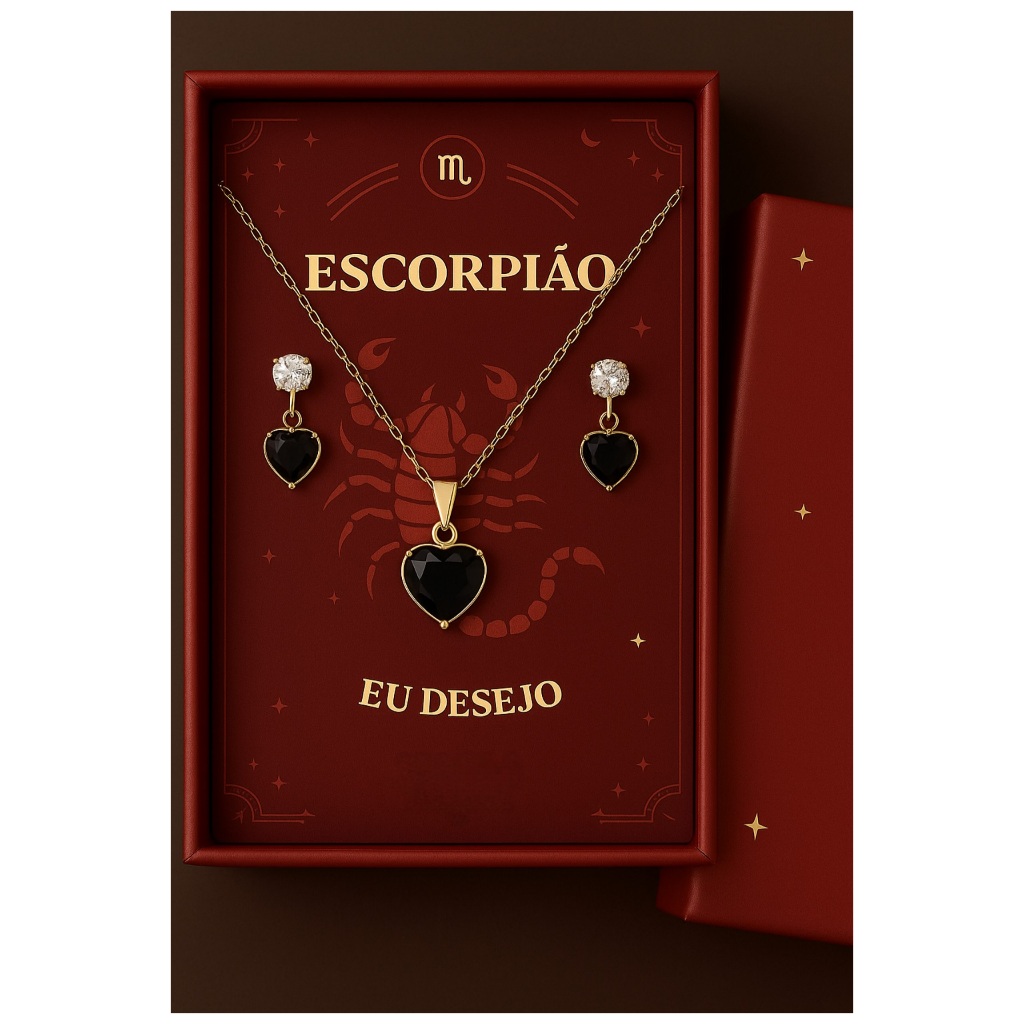 Imagem Conjunto Signos Colar + Brincos Coração Aço Inox com Caixinha