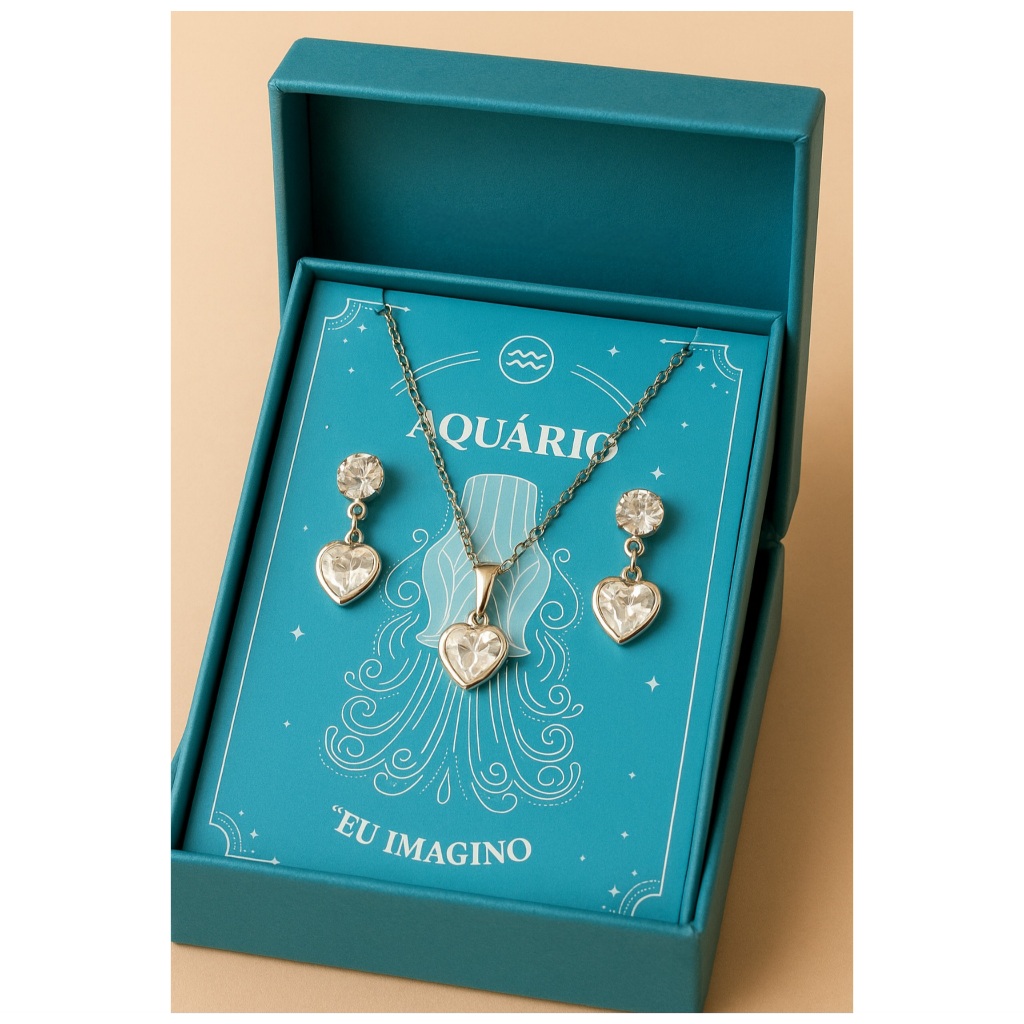 Imagem Conjunto Signos Colar + Brincos Coração Aço Inox com Caixinha
