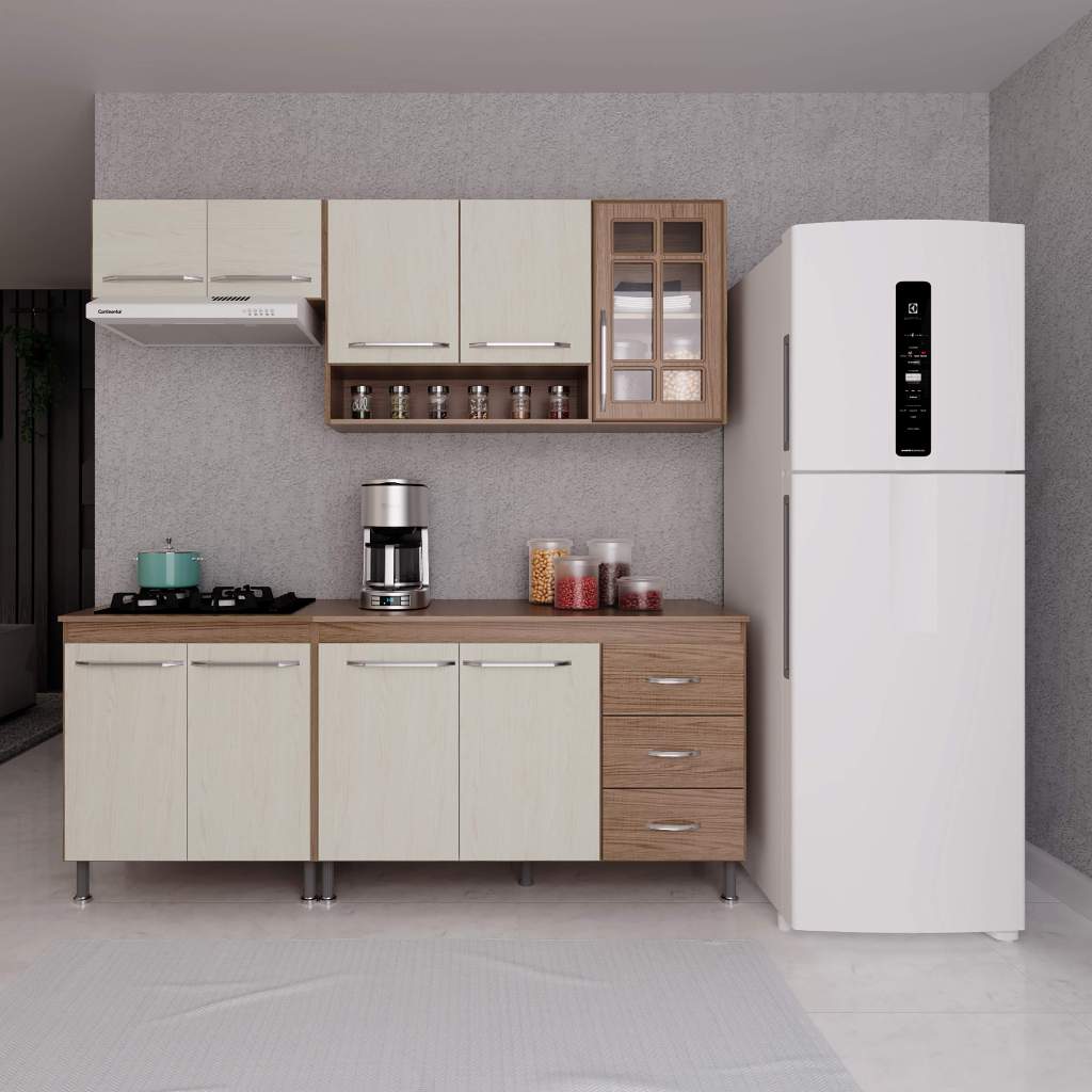 Cozinha Modulada Compacta Fidelitá Paris 4 Peças 190cm 9 Portas 3 Gavetas Com Tampo Nogal/Salinas