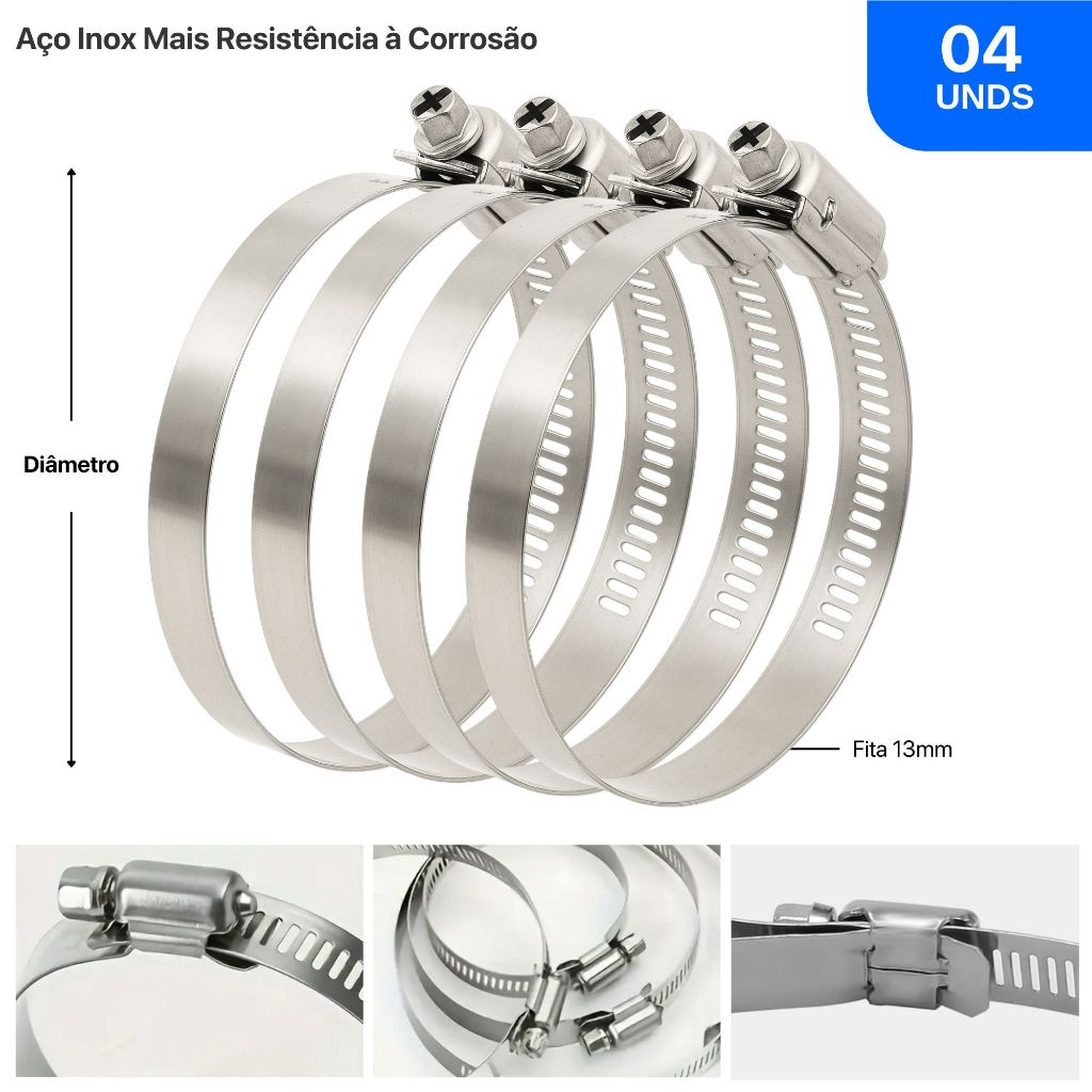 04 Abraçadeiras Metal Inoxidável 100mm De 89mm A 101mm Vedação Tubo Duto PVC Mangueiras Exaustor