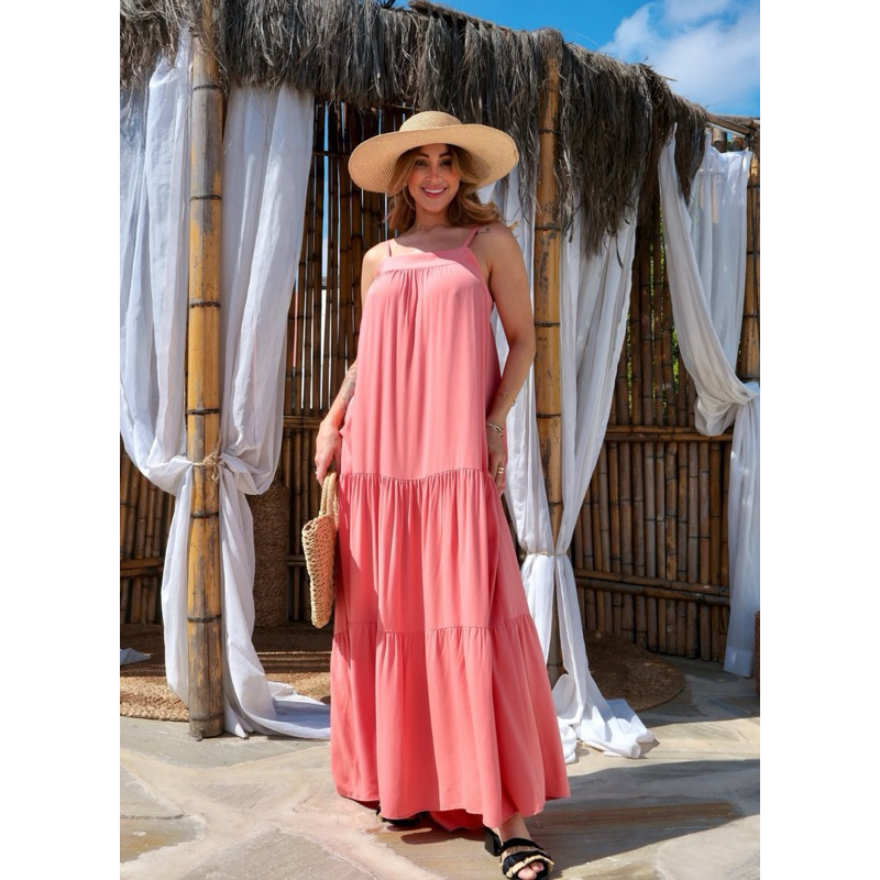 Vestido longo viscose, vestido amplo, vestido caimento fluido leve fresco, verão confortável,  longo soltinho