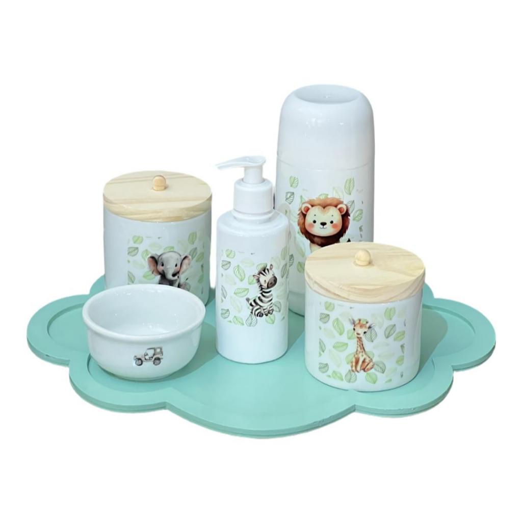 Kit Higiene Bebê Porcelana Safari Bandeja Nuvem s Adesivo Safari DTF UV