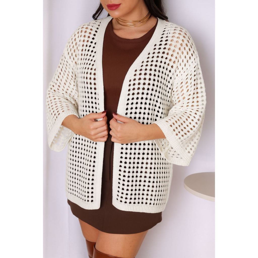 Kimono Feminino Cardigan em Tricô Vazado Efeito Crochê Praia Terceira Peça