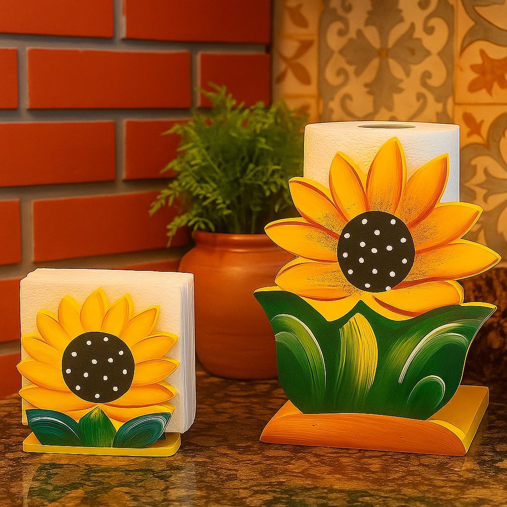 KIT PORTA ROLO PAPEL TOALHA E PORTA GUARDANAPO GIRASSOL E ARARAS DE MADEIRA ARTESANATO PINTADO À MÃO em Oferta na Shopee