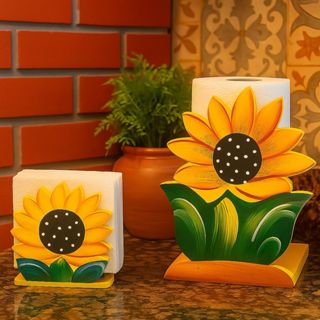 KIT PORTA ROLO PAPEL TOALHA E PORTA GUARDANAPO GIRASSOL E ARARAS DE MADEIRA ARTESANATO PINTADO À MÃO em Oferta na Shopee