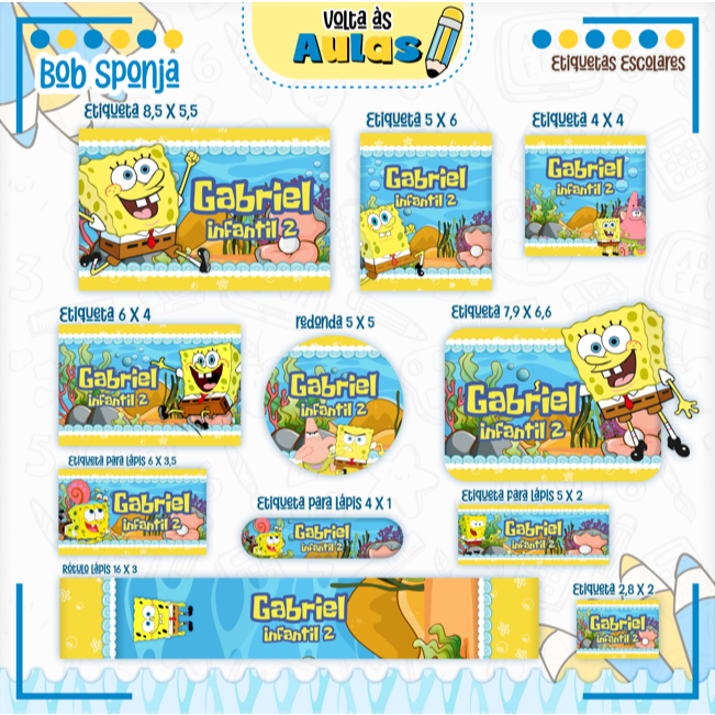 Kit adesivos personalizados volta as aulas Bob esponja  -  Adesivos volta as aulas bob esponja -