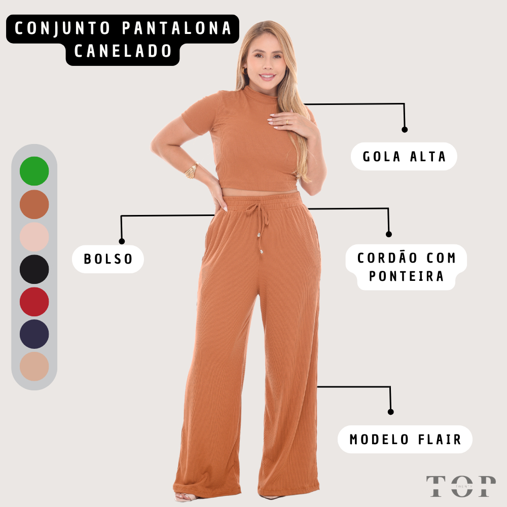 Conjunto Pantalona Feminina Canelada Com Bolso e Elástico na Cintura Blusa Gola Alta