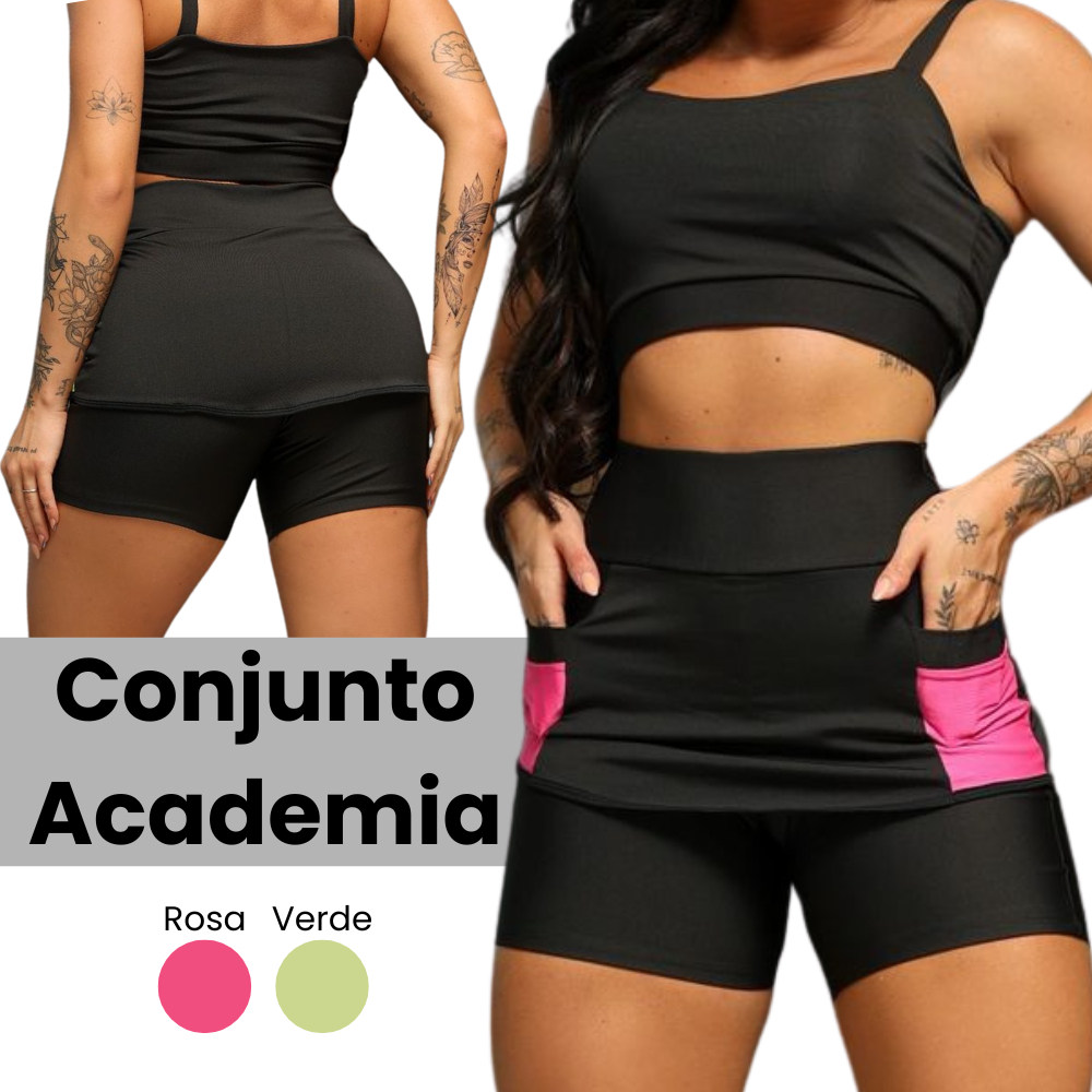Conjunto de Academia Feminino Short Saia e Top Zero Transparência Cintura Alta Fitness
