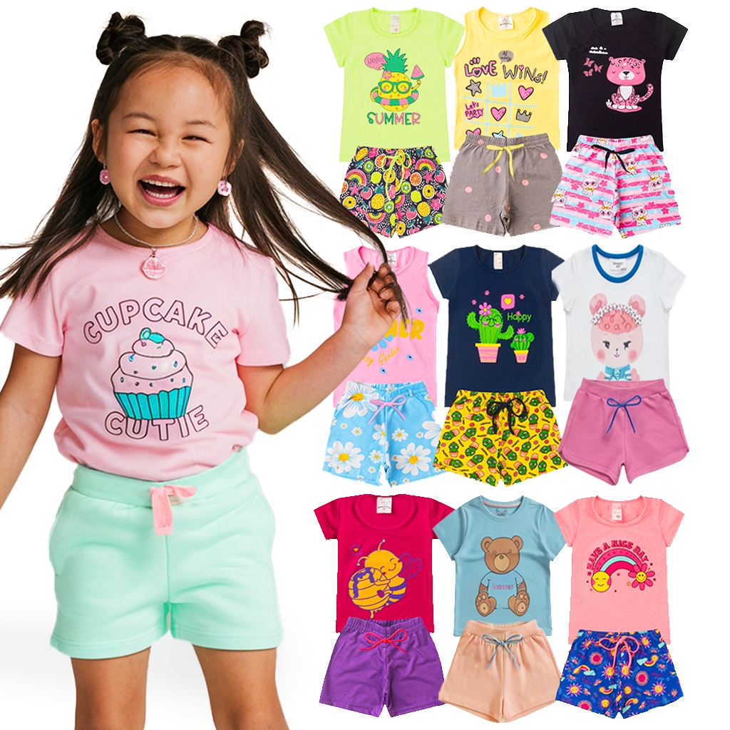 Kit Sortido 10 ou 18 Peças Roupas Infantil Menina Verão Kit com 9 Conjuntos de R