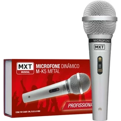 Microfone Profissional Dinâmico MXT MK-5 Metal Prata Cabo 3m Chave Liga/Desliga para Karaokê e Eventos