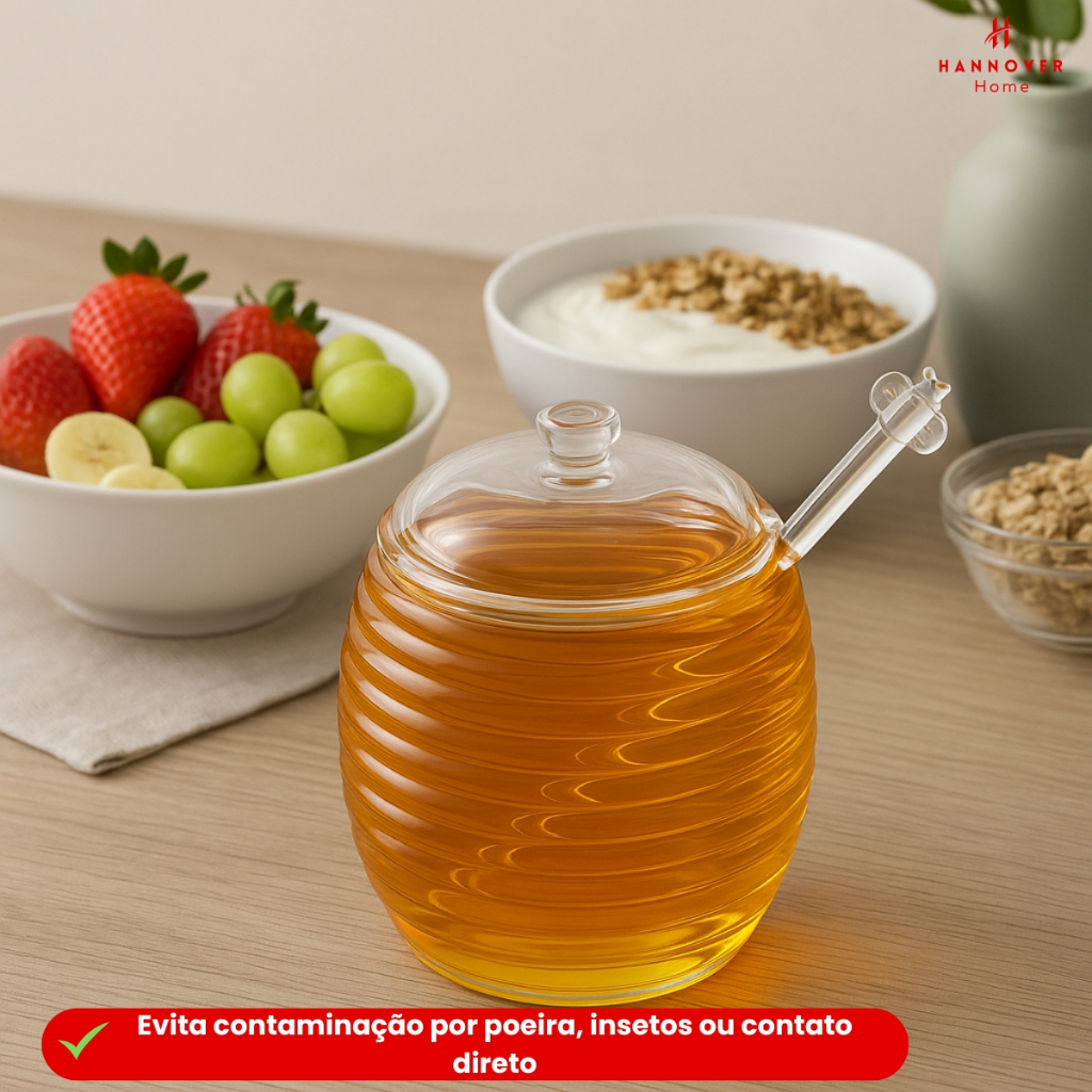 Meleira Cristal de Vidro e Tampa Mel Colmeia 210 ml Pegador Detalhe Formato de Abelha