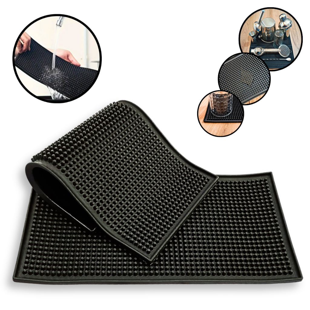 Kit 1 Ou 2 Tapete Escorredor De Louça Prato Copo Absorvente 30x15cm Balcão Pia Cozinha Bar Barman Silicone Preto