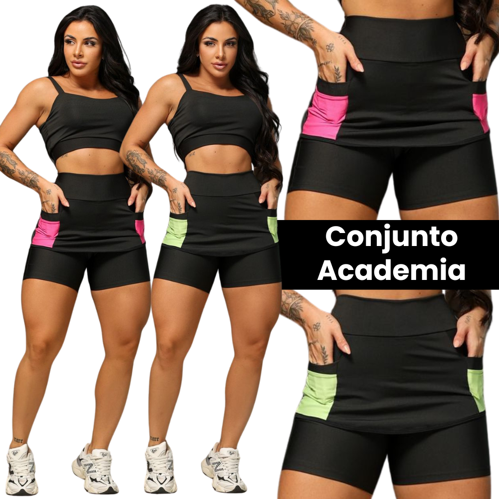 Conjunto de Academia Feminino Zero Transparência Short Saia + Top Cropped Sem Bojo Fitness