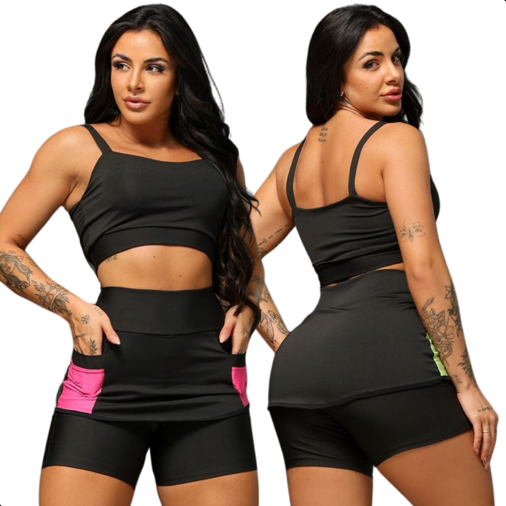 Conjunto Academia Top e Short Saia com Bolsos Suplex Zero Transparência Cintura Alta Premium