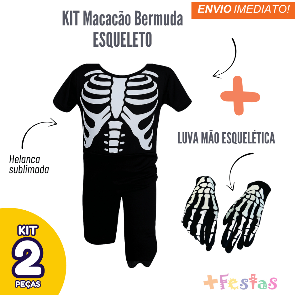 Fantasia Caveira Esqueleto Infantil Menino com par de Luvas Halloween Masculina