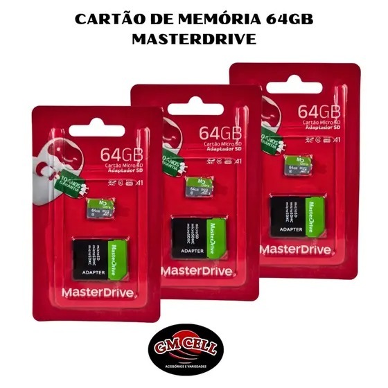 Kit com 3 Cartão de memória SD Original Master Drive  64GB Com Adaptador celular, Camera 4K