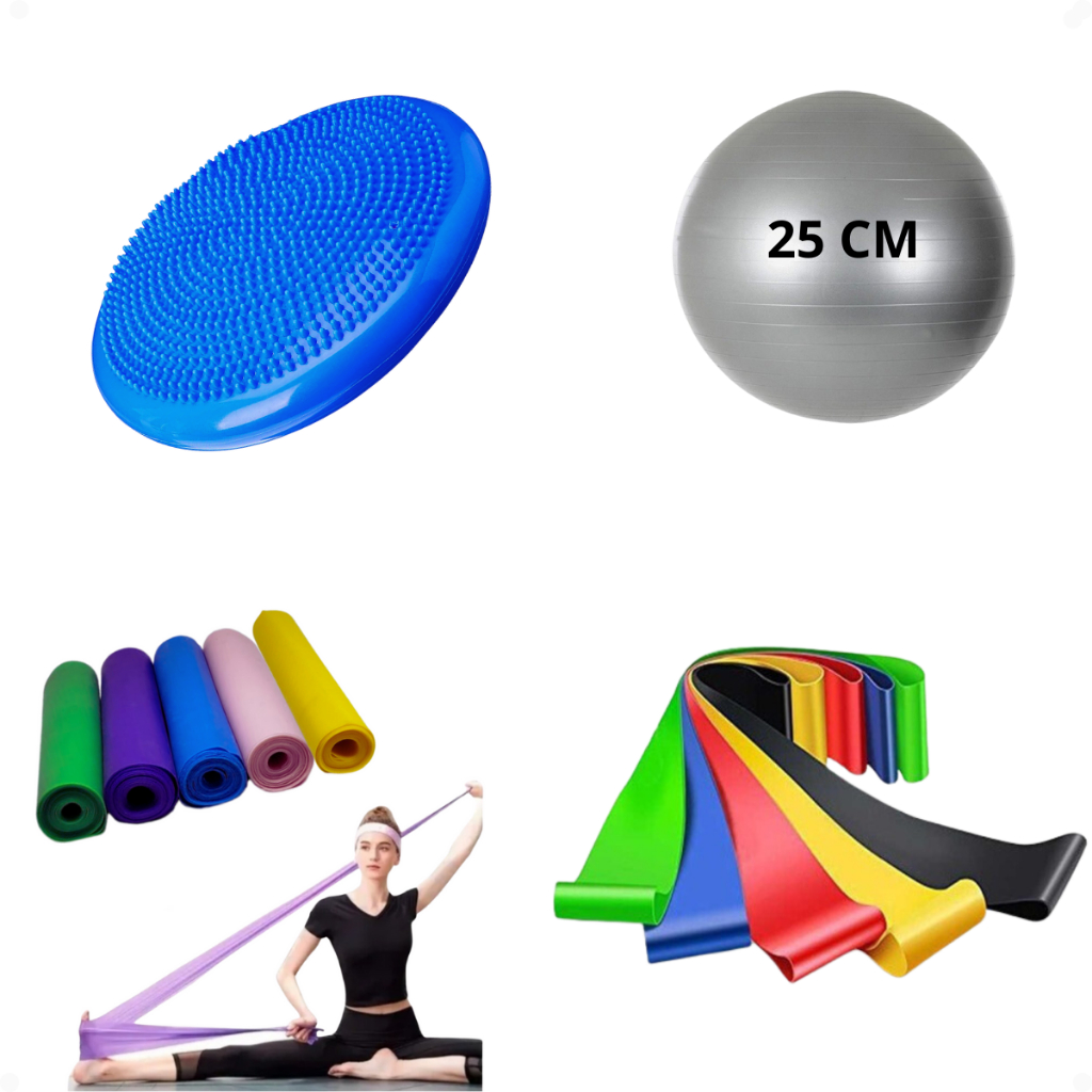 Bola Suiça Pilates Fisio 25 cm + Faixa Elástica + 5 Mini Band + Disco de Equilibrio Thera Funcional