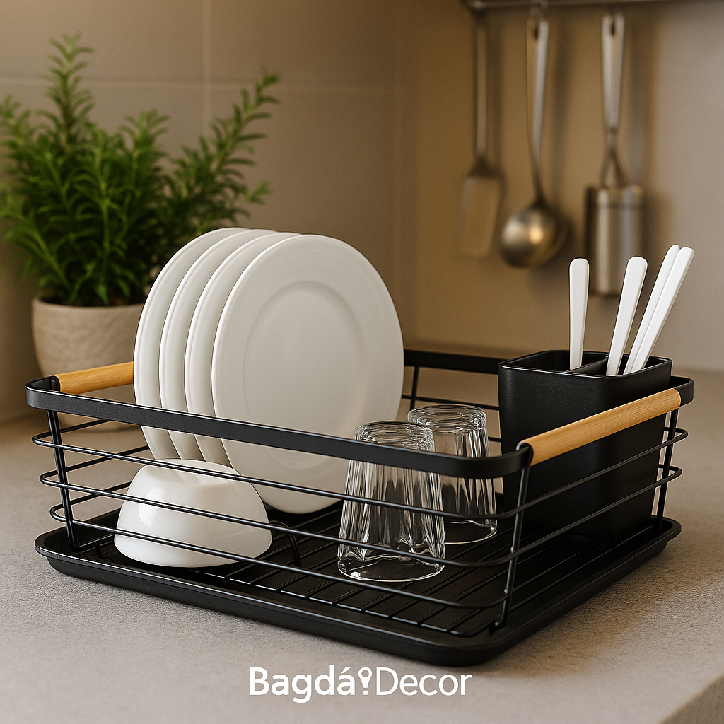 ⭐ Escorredor de Louça Premium Preto com Bandeja Removível 🥂 Porta Talheres Aço Inox + Bambu