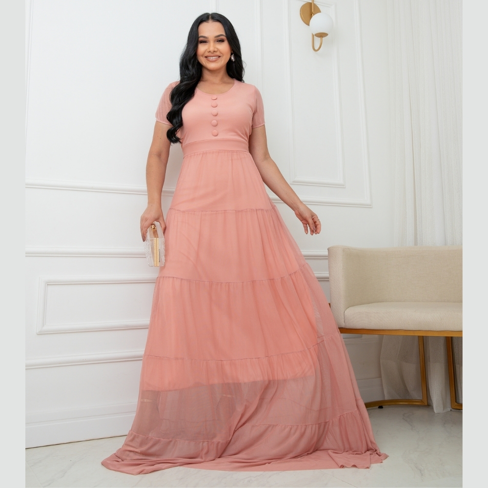 Vestido Longo Feminino em Tule com Elastano | Botões Frontais | Saia Três Marias