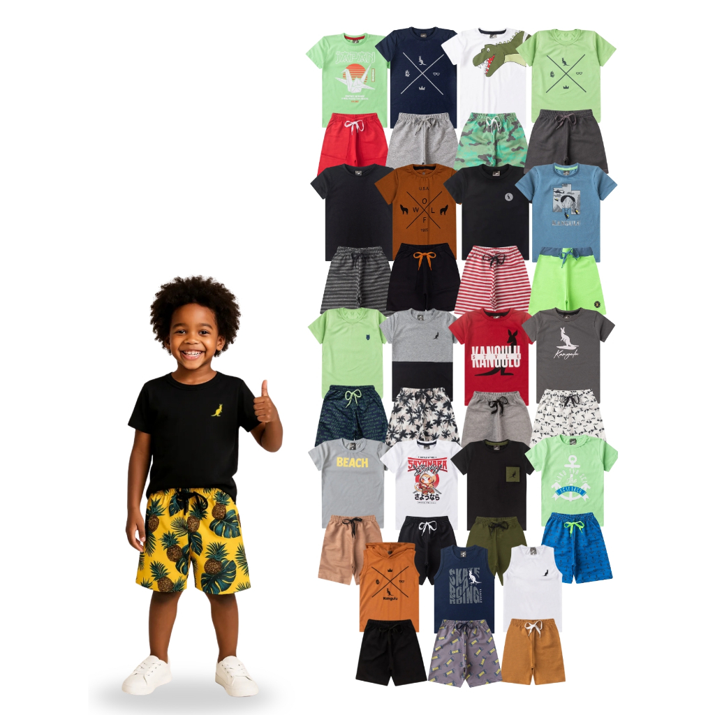 Kit SORTIDO Conjunto Verão Menino 2 a 10 Peças 1 a 12 Anos Look Casual Kangulu Canguru Lobo Crown Style