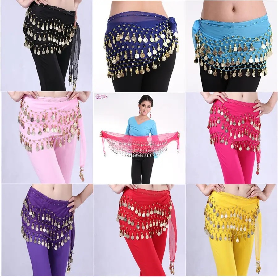 Lenço de Quadril Belly Dance Feminino com Moedas Cintura Dança do Ventre Acessório Várias Cores