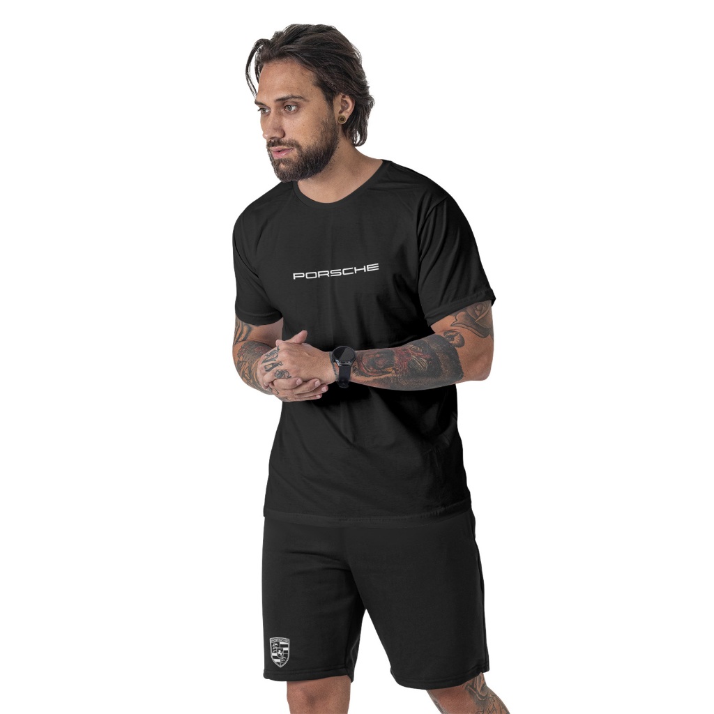 Conjunto Camiseta e Bermuda Minimalista Porsche Masculino Streetwear Algodão Premium Look Casual Estiloso