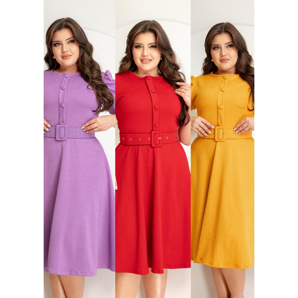 Vestido Godê Eduarda Com Manga Princesa Várias Cores  (acompanha cinto) Botão Bombe em Oferta na Shopee