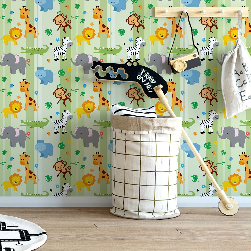 Papel de Parede Adesivo Decorativo Baby Safari com Animais com Listrado Verde em Oferta na Shopee