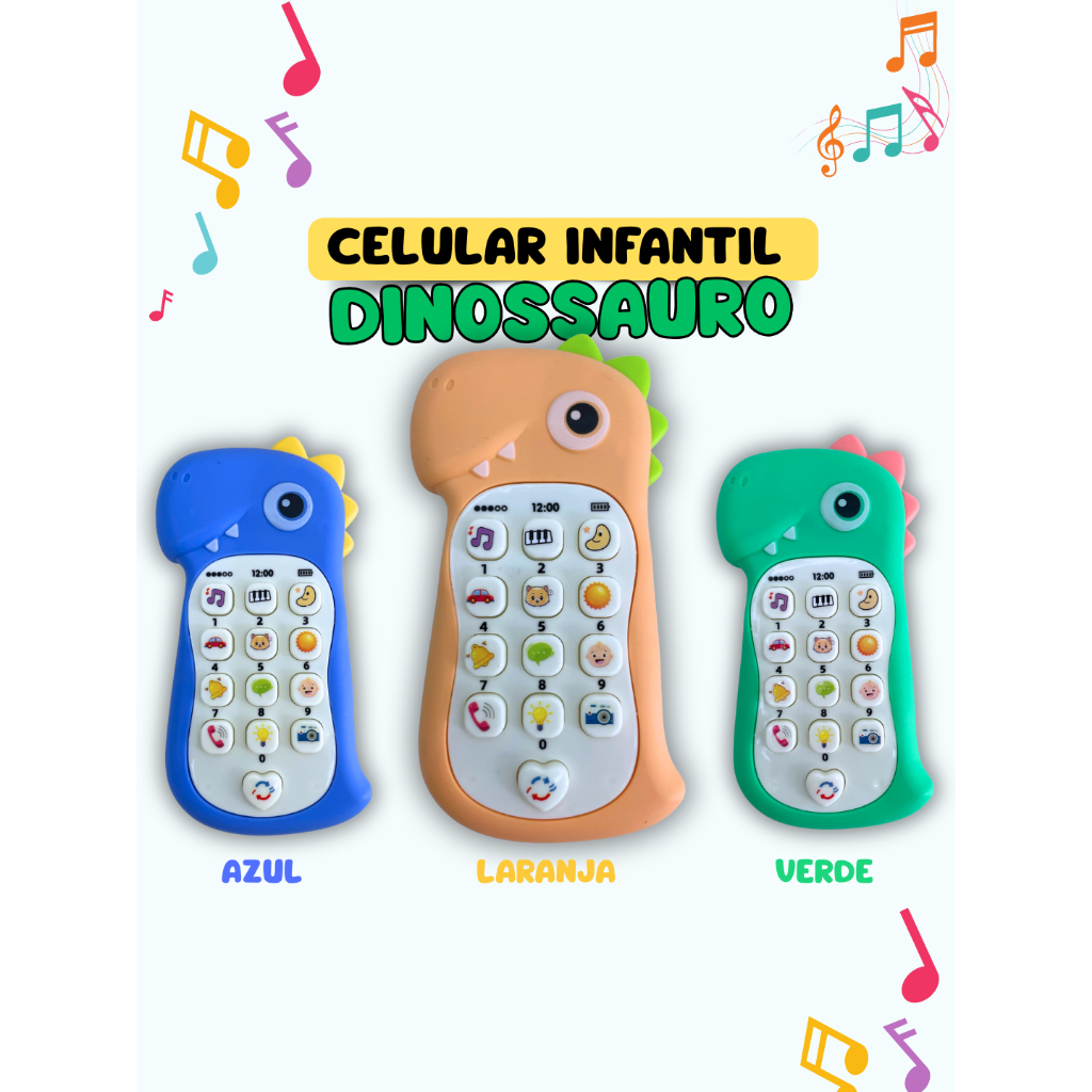 Celular Infantil Musical com Mordedor – Brinquedo Educativo Sensorial com Som e Luz para Crianças (Modelo Dinossauro)