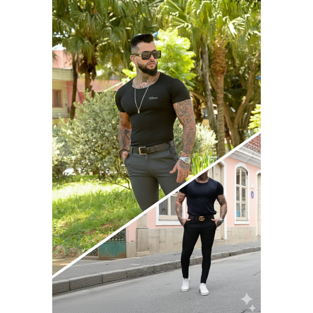 Kit 2 Calças Masculinas Alfaiataria Sport fino Social Slim Fit Preta e Cinza