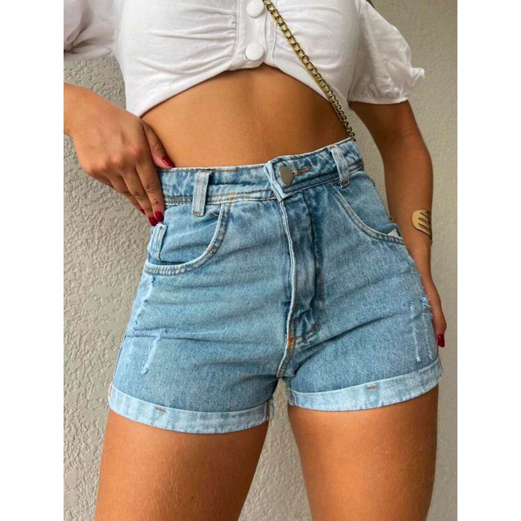 Short Bermuda Jeans Feminina Com Ziper Bolso Rasgadas Verão Estilo Elegante Liso Juvenil Natural Com bolso