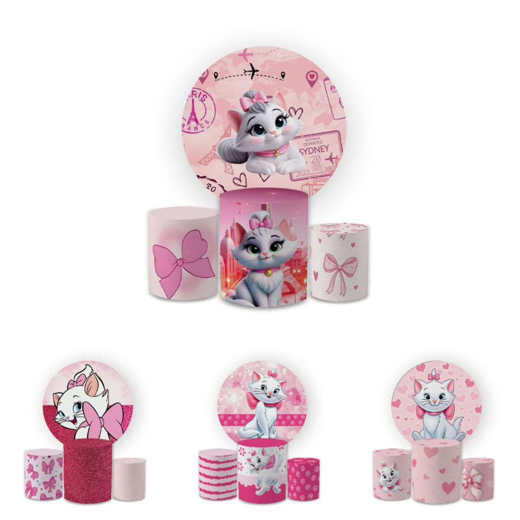 Kit Capas Festivas Para Painel e Cilindros Gatinha M@rie Aniversario Decoração Lançamento